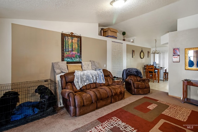 carpeted living room with lofted ceiling, a notable chandelier, and a textured ceiling