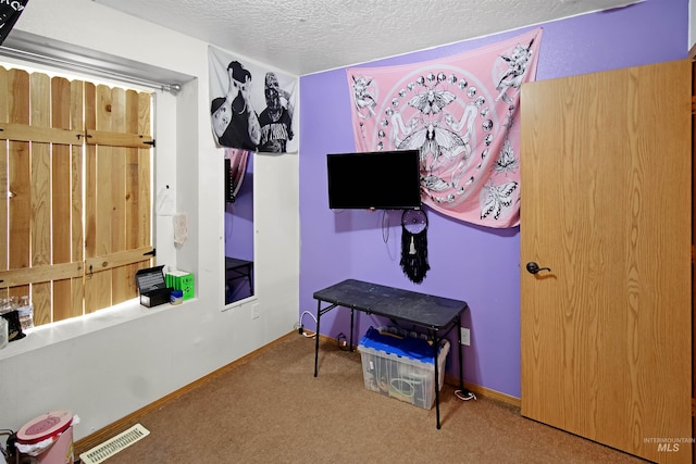 interior space featuring visible vents, baseboards, a textured ceiling, and carpet
