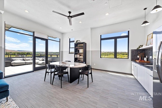 carpeted dining area with plenty of natural light, ceiling fan, and a textured ceiling