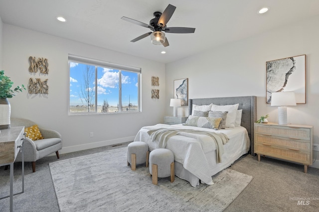 bedroom featuring carpet floors and ceiling fan