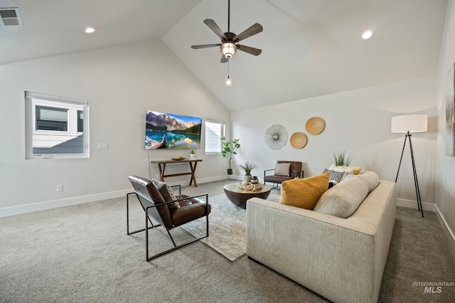 carpeted living room featuring high vaulted ceiling and ceiling fan