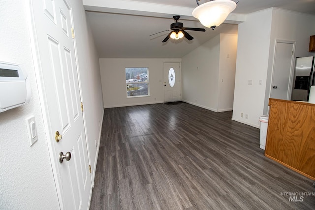 unfurnished living room with ceiling fan, crown molding, and dark hardwood / wood-style floors