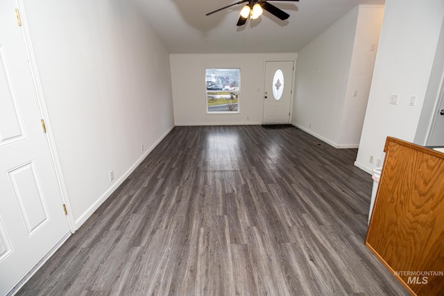 entrance foyer with dark wood-type flooring and ceiling fan