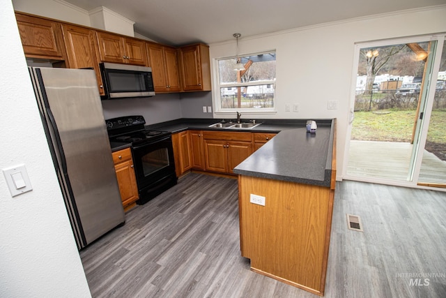 kitchen featuring appliances with stainless steel finishes, wood-type flooring, sink, pendant lighting, and plenty of natural light