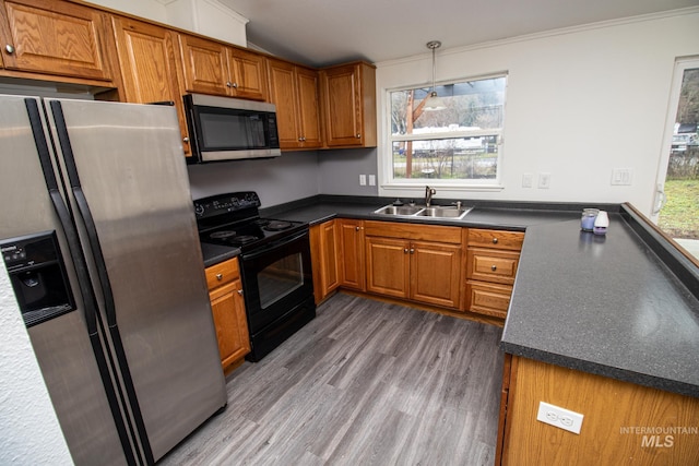 kitchen with sink, hardwood / wood-style floors, a healthy amount of sunlight, and stainless steel appliances