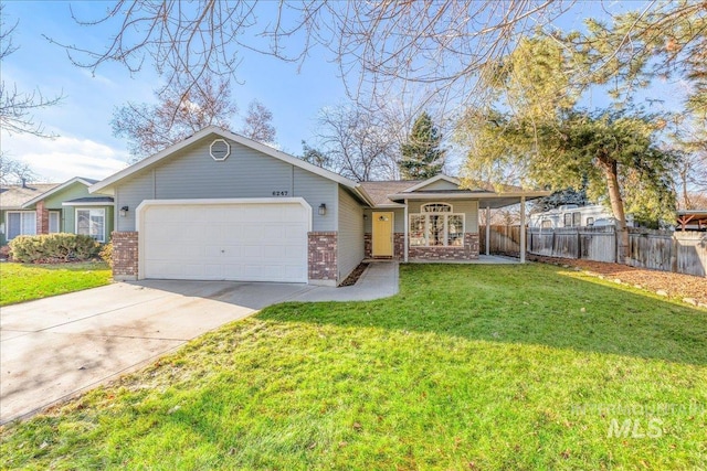 ranch-style house with a front yard and a garage