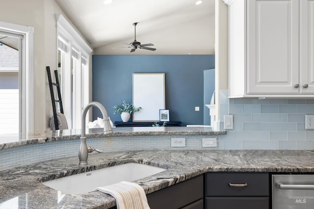 12258 Whitechapel Way, Nampa, ID 83686 - kitchen with a sink, lofted ceiling, backsplash, ceiling fan, and healthy amount of natural light