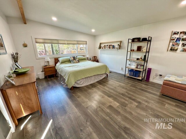 2927 N 32nd St, Boise, ID 83703 - bedroom featuring lofted ceiling with beams, dark wood-style floors, recessed lighting, and baseboards