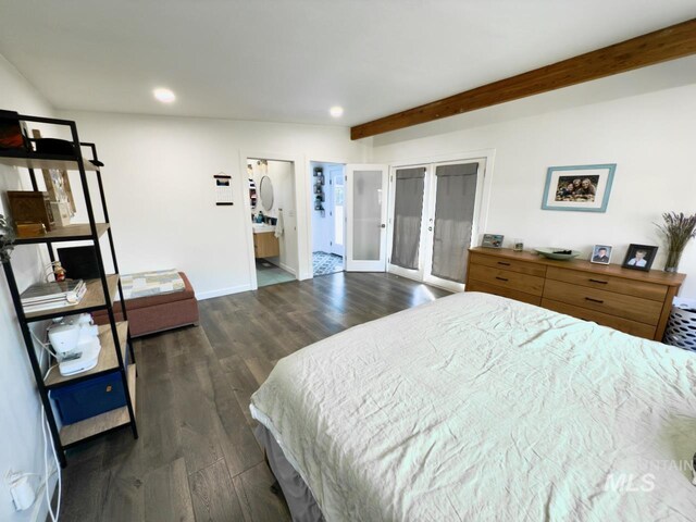 2927 N 32nd St, Boise, ID 83703 - bedroom with baseboards, recessed lighting, french doors, dark wood-style floors, and beam ceiling