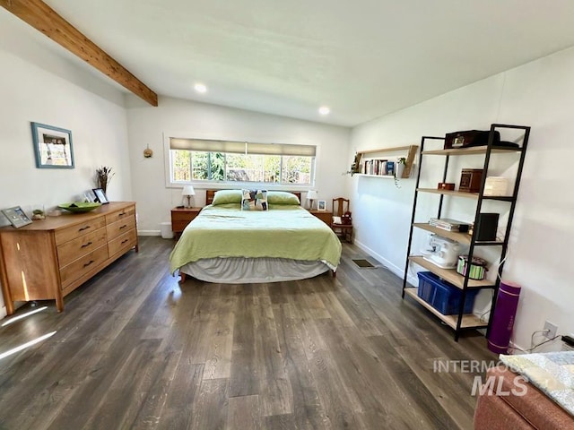 2927 N 32nd St, Boise, ID 83703 - bedroom featuring wood finished floors, recessed lighting, vaulted ceiling with beams, and baseboards
