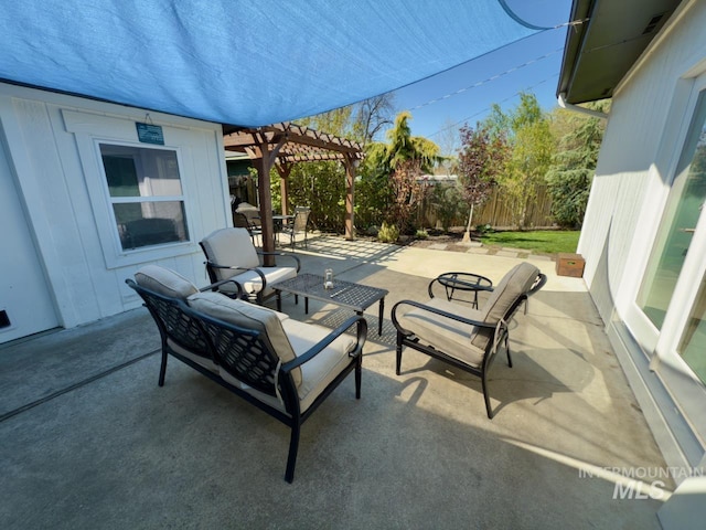 2927 N 32nd St, Boise, ID 83703 - view of patio / terrace featuring a pergola, outdoor lounge area, and a fenced backyard