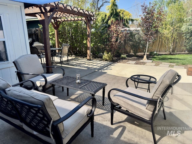 2927 N 32nd St, Boise, ID 83703 - view of patio featuring fence, a pergola, an outdoor hangout area, and outdoor dining area