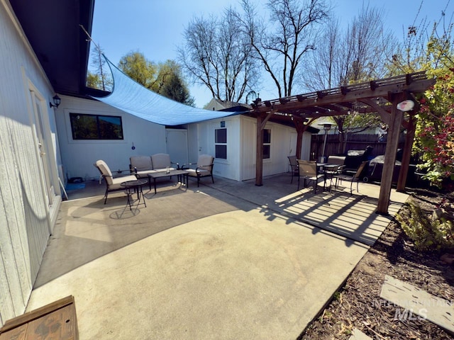 2927 N 32nd St, Boise, ID 83703 - view of patio / terrace with fence, outdoor dining area, an outdoor hangout area, and a pergola