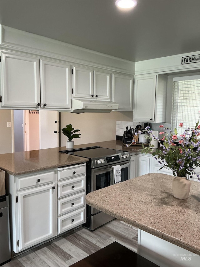 11457 S Cloverdale, Kuna, ID 83634 - kitchen featuring white cabinets, under cabinet range hood, and stainless steel range with electric cooktop