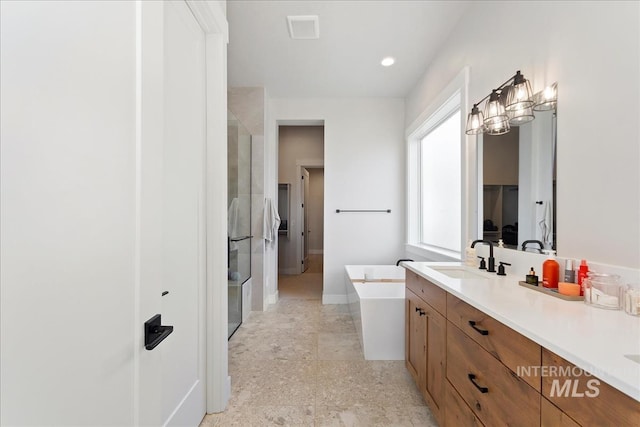 bathroom with vanity and separate shower and tub