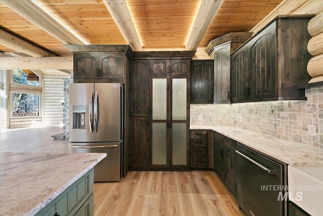 kitchen featuring wood ceiling, light hardwood / wood-style flooring, stainless steel appliances, and dark brown cabinets