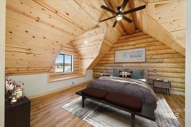 bedroom with light wood-type flooring, log walls, and wooden ceiling