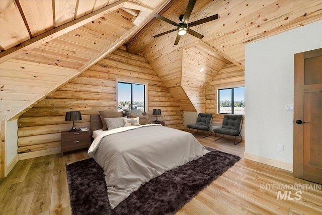 bedroom featuring wood-type flooring, rustic walls, multiple windows, and wooden ceiling