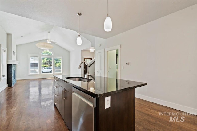 924 E Wright St, Boise, ID 83706 - kitchen with dishwasher, a ceiling fan, open floor plan, lofted ceiling, and dark brown cabinetry