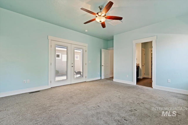 924 E Wright St, Boise, ID 83706 - unfurnished bedroom with carpet flooring, french doors, access to outside, connected bathroom, and a ceiling fan