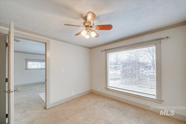 carpeted spare room featuring a textured ceiling, ceiling fan, and crown molding