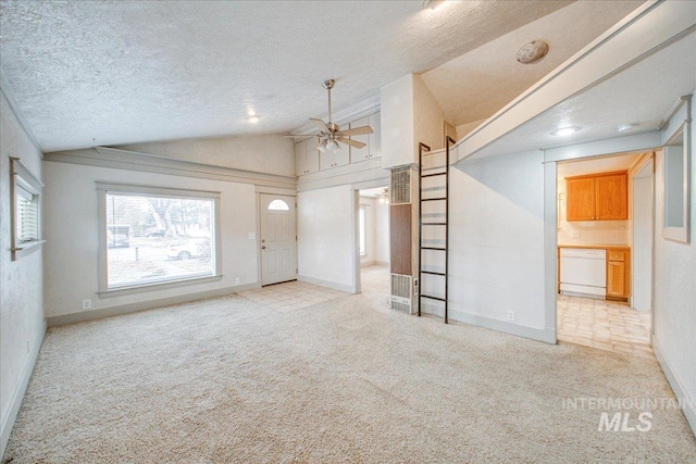 unfurnished living room featuring a textured ceiling, light carpet, ceiling fan, and vaulted ceiling