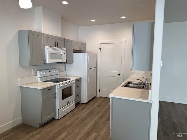 kitchen featuring gray cabinetry, white appliances, a sink, light countertops, and dark wood finished floors