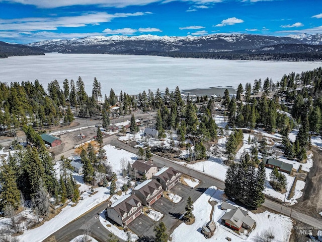 snowy aerial view with a mountain view