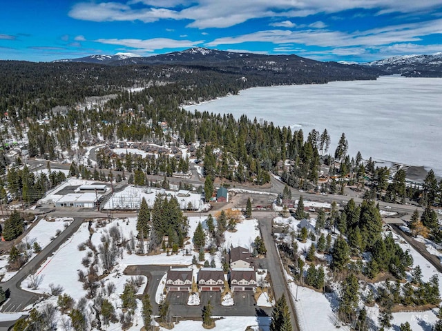 snowy aerial view with a mountain view