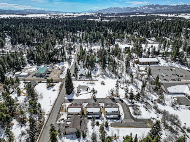 snowy aerial view with a mountain view