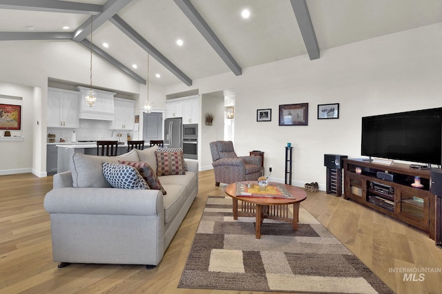 living area featuring high vaulted ceiling, beamed ceiling, light wood-style flooring, and baseboards