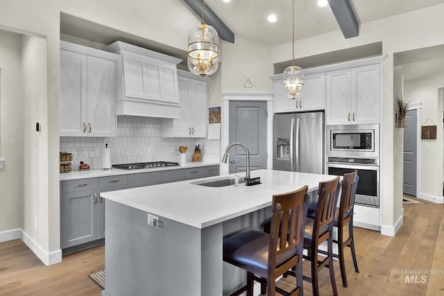 kitchen with light wood finished floors, appliances with stainless steel finishes, a sink, and decorative backsplash