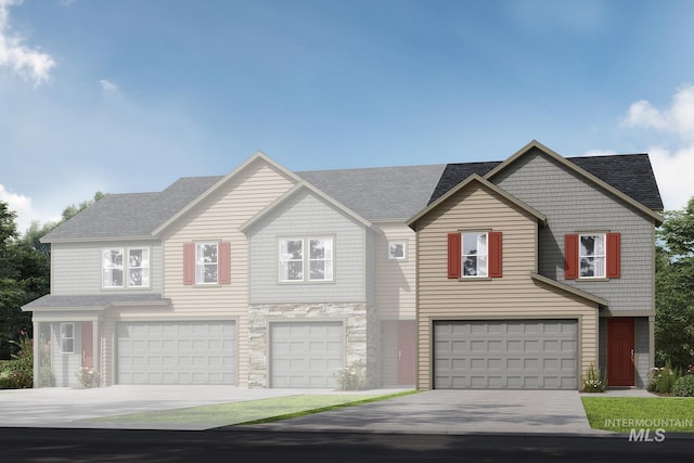 view of front of home featuring stone siding, concrete driveway, roof with shingles, and an attached garage