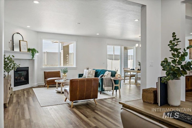 17639 N El Dorado Ave, Nampa, ID 83687 - living room featuring wood finished floors, a fireplace, and recessed lighting