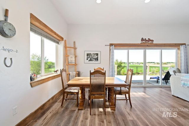 dining space with wood-type flooring