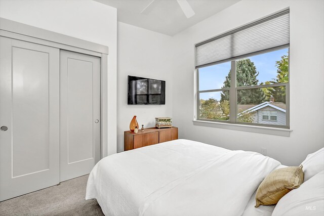 6420 W Glencrest Ln, Boise, ID 83714 - bedroom with carpet floors, a ceiling fan, and a closet