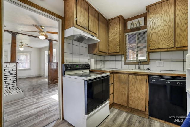 561 3rd Ave N, Twin Falls, ID 83301 - kitchen featuring dishwasher, electric stove, under cabinet range hood, and light wood finished floors