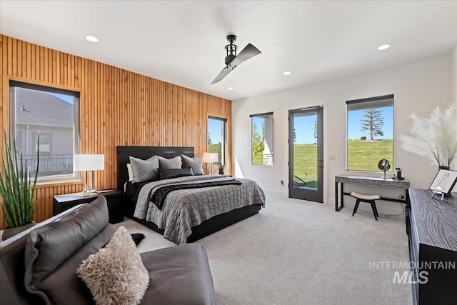 1093 N Morehouse Ave, Eagle, ID 83616 - bedroom with wooden walls, access to outside, ceiling fan, carpet floors, and recessed lighting