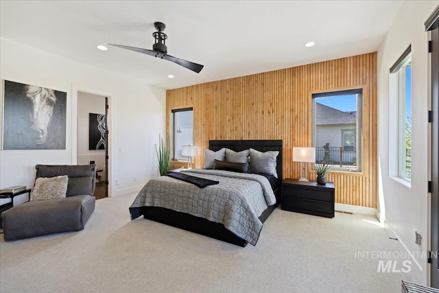 1093 N Morehouse Ave, Eagle, ID 83616 - carpeted bedroom with wooden walls, baseboards, a ceiling fan, and recessed lighting