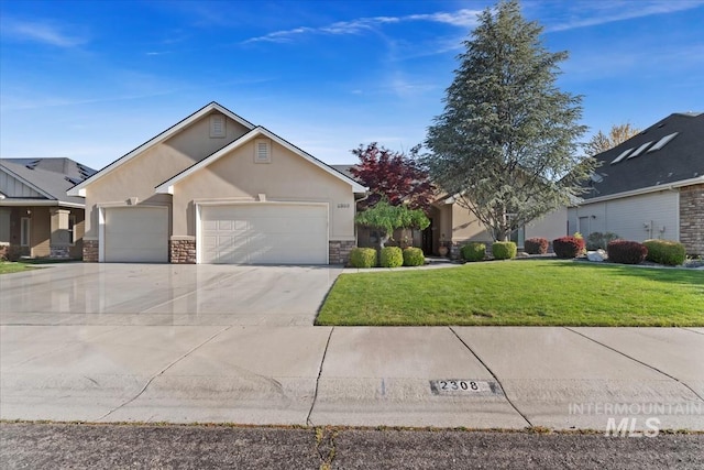 2308 E Chimere Dr, Meridian, ID 83646 - view of front facade with concrete driveway, stone siding, an attached garage, a front yard, and stucco siding