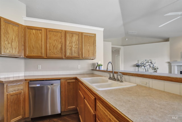 1460 N Pointe Dr, Twin Falls, ID 83301 - kitchen featuring dishwasher, vaulted ceiling, light countertops, ceiling fan, and brown cabinets