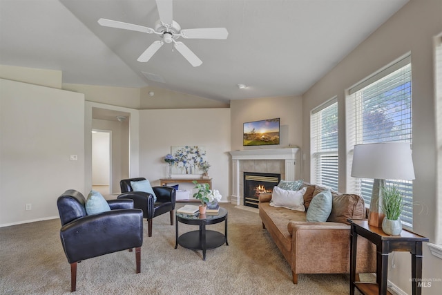 1460 N Pointe Dr, Twin Falls, ID 83301 - living room featuring light carpet, a tile fireplace, lofted ceiling, and ceiling fan