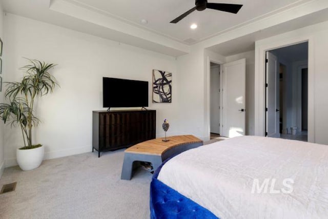 bedroom with ceiling fan, recessed lighting, carpet flooring, visible vents, and baseboards