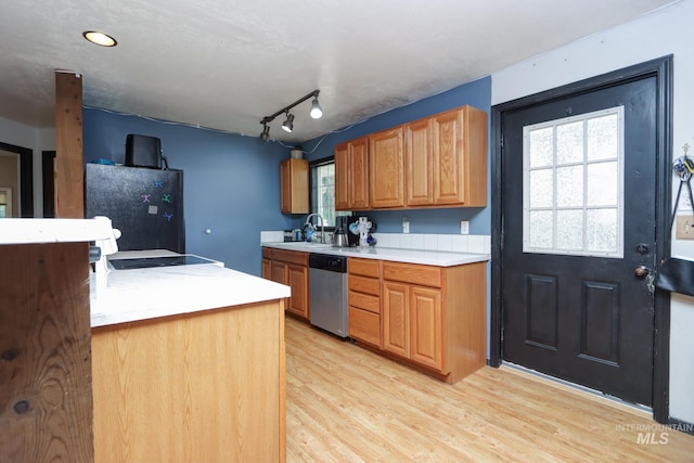 731 W 4th St, Emmett, ID 83617 - kitchen with fridge, stainless steel dishwasher, light countertops, light wood-style floors, and track lighting