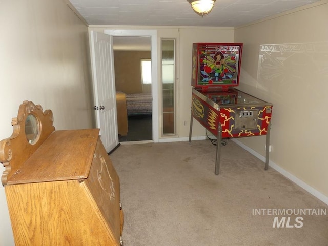 interior space with baseboards and carpet flooring