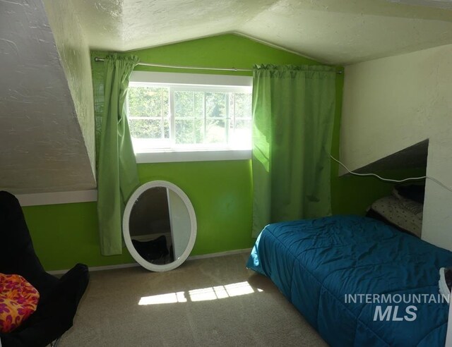 carpeted bedroom with lofted ceiling, a textured ceiling, and baseboards