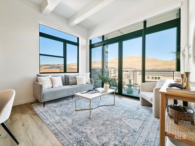 living room featuring a healthy amount of sunlight, wood-type flooring, beamed ceiling, and a mountain view