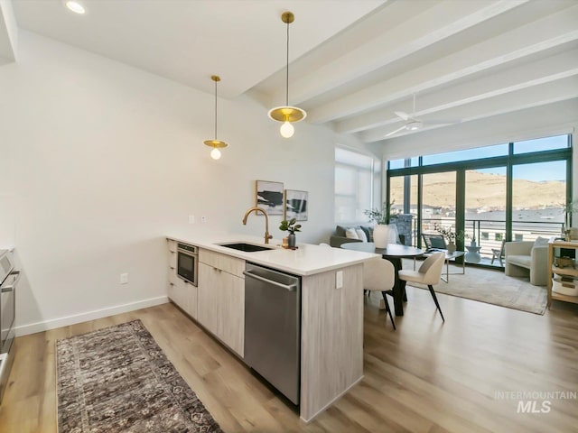 kitchen with ceiling fan, stainless steel dishwasher, sink, a mountain view, and hanging light fixtures