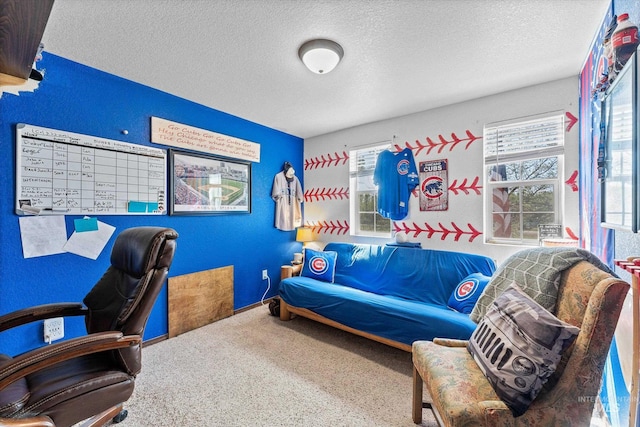 carpeted office space featuring a textured ceiling and plenty of natural light
