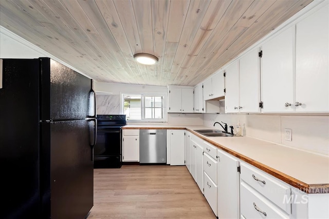216 9th Ave N, Nampa, ID 83687 - kitchen featuring black appliances, a sink, wood ceiling, white cabinetry, and light wood-type flooring